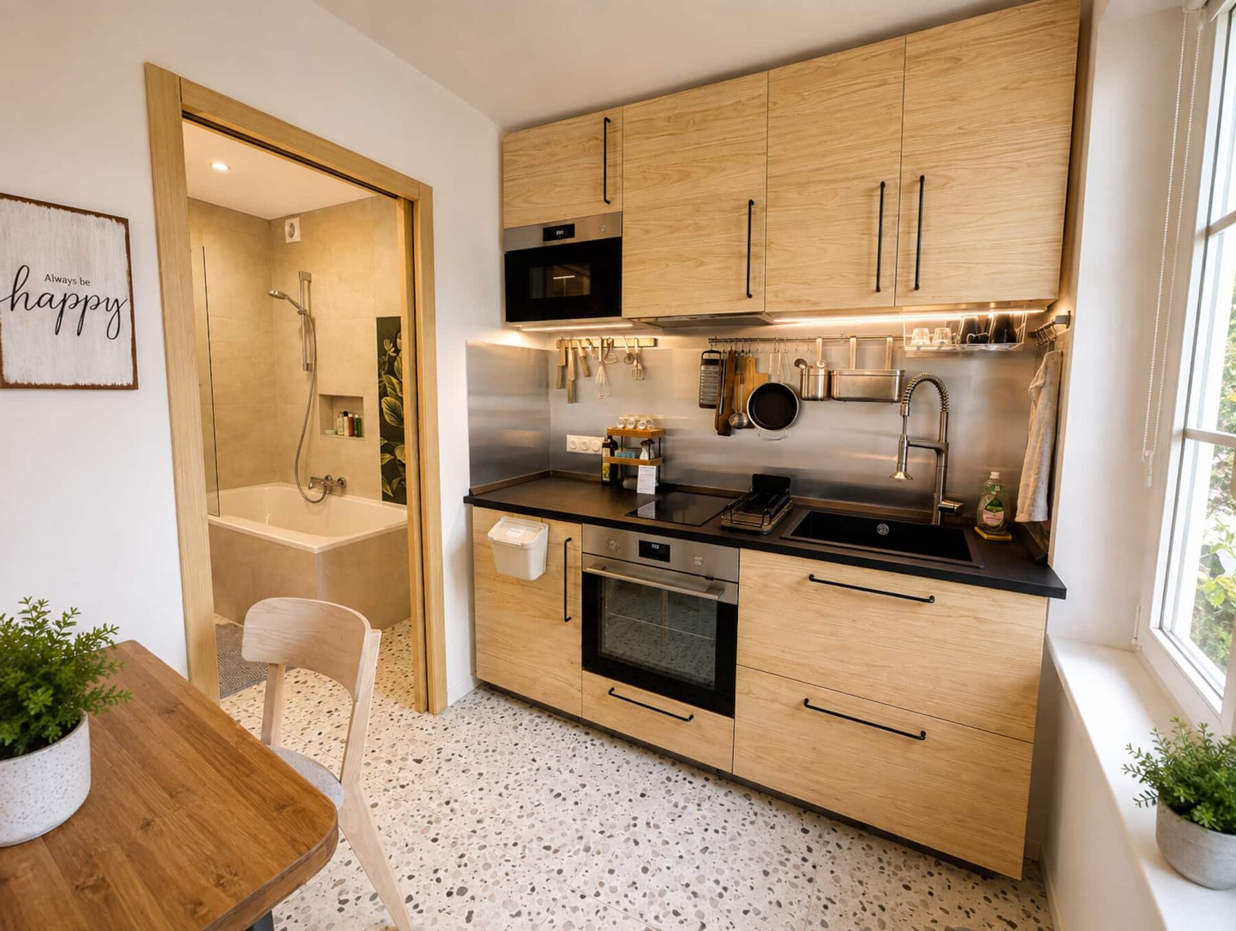 La cuisine équipée en bois avec plan de travail noir, ouverte sur la salle de bain